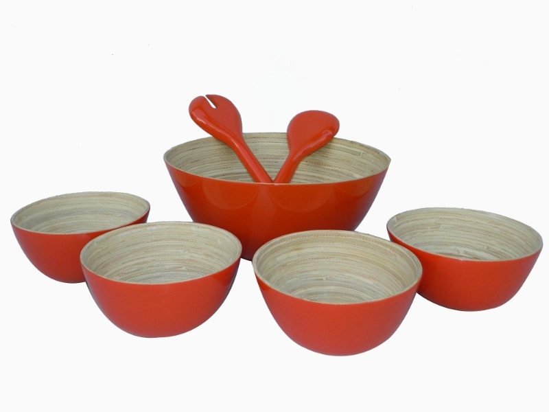 Professional-grade Red Lacquered Bamboo Salad Bowl and Serving Set - Eco-Chic Kitchenware